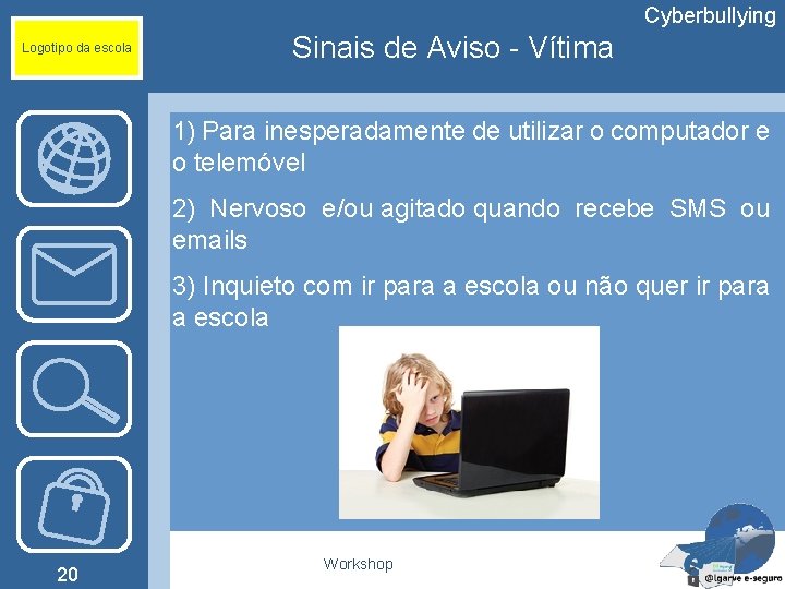 Cyberbullying Logotipo da escola Sinais de Aviso - Vítima 1) Para inesperadamente de utilizar