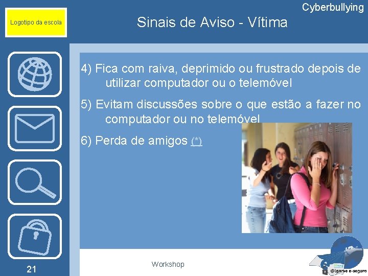 Cyberbullying Logotipo da escola Sinais de Aviso - Vítima 4) Fica com raiva, deprimido