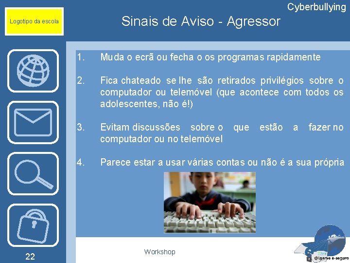 Cyberbullying Sinais de Aviso - Agressor Logotipo da escola 22 1. Muda o ecrã