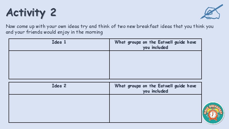 Activity 2 Now come up with your own ideas try and think of two