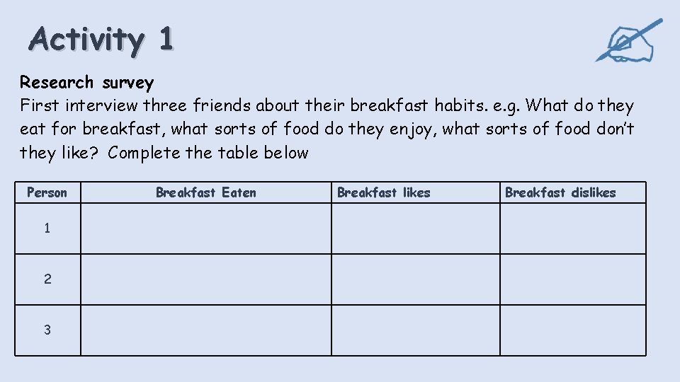 Activity 1 Research survey First interview three friends about their breakfast habits. e. g.