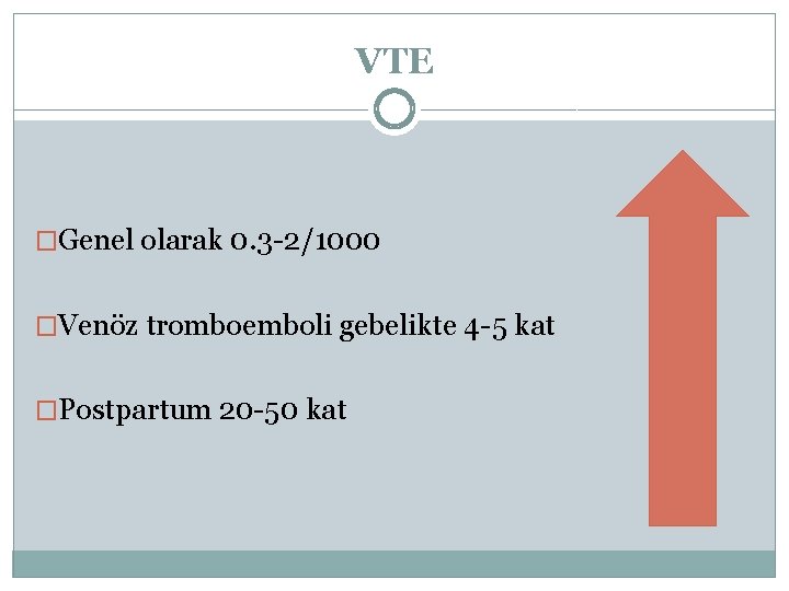 VTE �Genel olarak 0. 3 -2/1000 �Venöz tromboemboli gebelikte 4 -5 kat �Postpartum 20