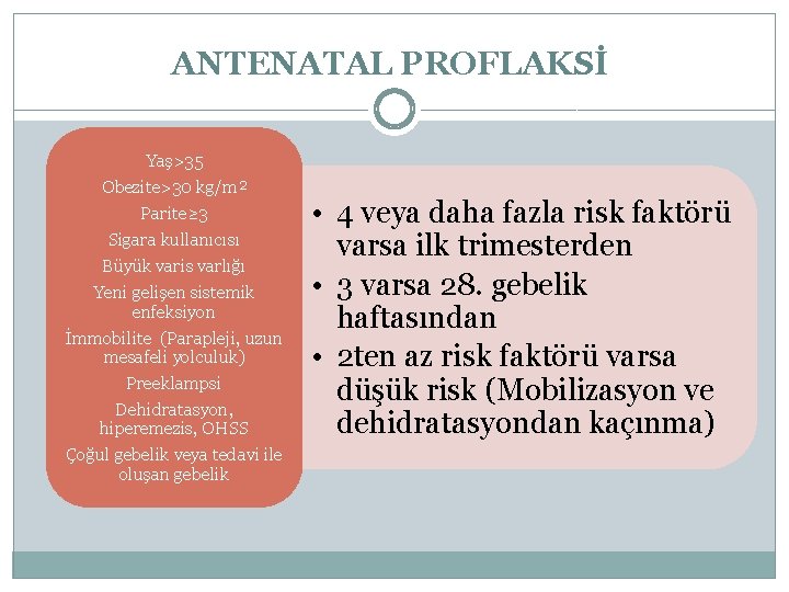 ANTENATAL PROFLAKSİ Yaş>35 Obezite>30 kg/m² Parite≥ 3 Sigara kullanıcısı Büyük varis varlığı Yeni gelişen