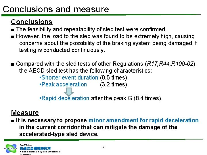 Conclusions and measure Conclusions ■ The feasibility and repeatability of sled test were confirmed.