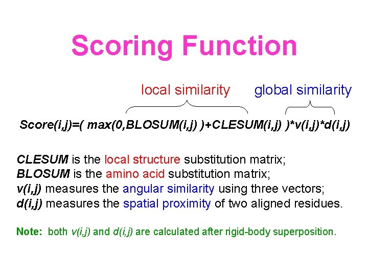 Scoring Function local similarity global similarity Score(i, j)=( max(0, BLOSUM(i, j) )+CLESUM(i, j) )*v(i,