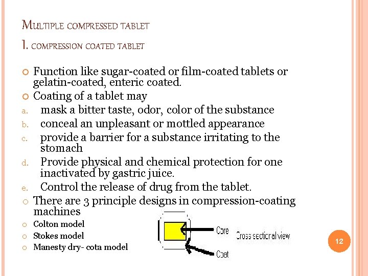MULTIPLE COMPRESSED TABLET I. COMPRESSION COATED TABLET Function like sugar-coated or film-coated tablets or