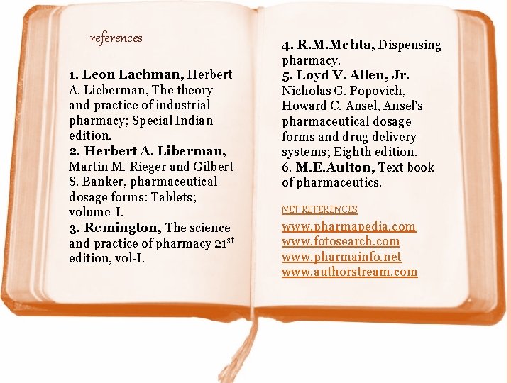 references 1. Leon Lachman, Herbert A. Lieberman, The theory and practice of industrial pharmacy; references 1. Leon Lachman, Herbert A. Lieberman, The theory and practice of industrial pharmacy;