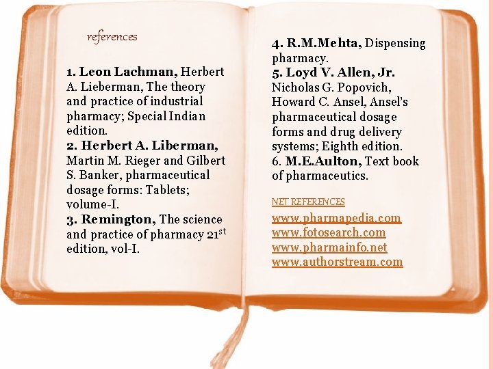 references 1. Leon Lachman, Herbert A. Lieberman, The theory and practice of industrial pharmacy;