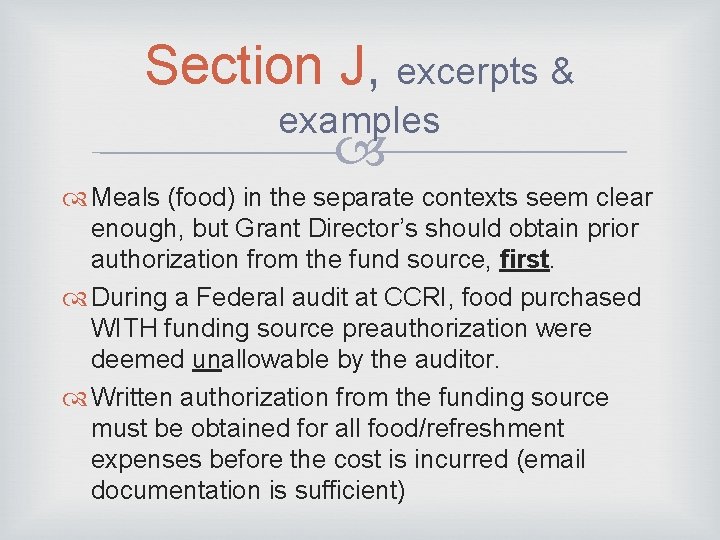 Section J, excerpts & examples Meals (food) in the separate contexts seem clear enough,