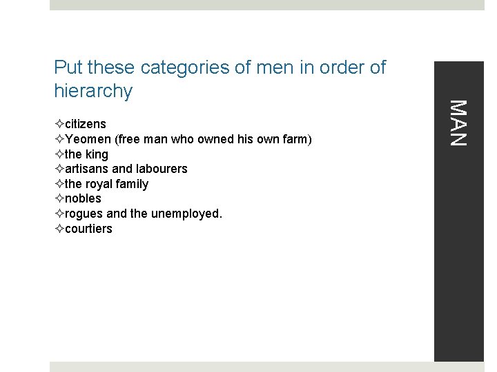 ²citizens ²Yeomen (free man who owned his own farm) ²the king ²artisans and labourers