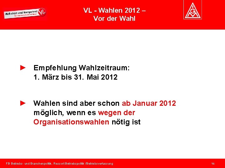 VL - Wahlen 2012 – Vor der Wahl ► Empfehlung Wahlzeitraum: 1. März bis