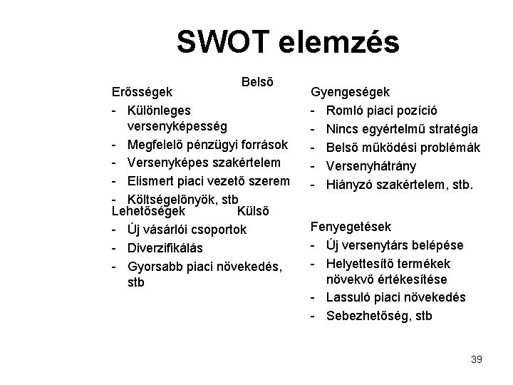SWOT elemzés Belső Erősségek - Különleges versenyképesség - Megfelelő pénzügyi források - Versenyképes szakértelem