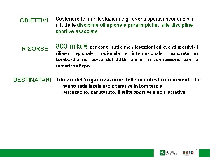 OBIETTIVI RISORSE Sostenere le manifestazioni e gli eventi sportivi riconducibili a tutte le discipline