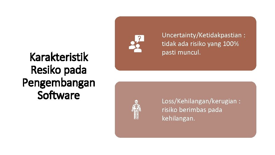 Karakteristik Resiko pada Pengembangan Software Uncertainty/Ketidakpastian : tidak ada risiko yang 100% pasti muncul.