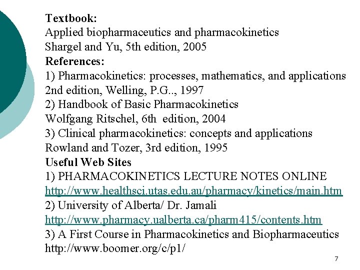 Textbook: Applied biopharmaceutics and pharmacokinetics Shargel and Yu, 5 th edition, 2005 References: 1)