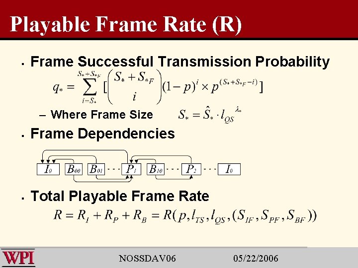 Playable Frame Rate (R) § Frame Successful Transmission Probability – Where Frame Size §