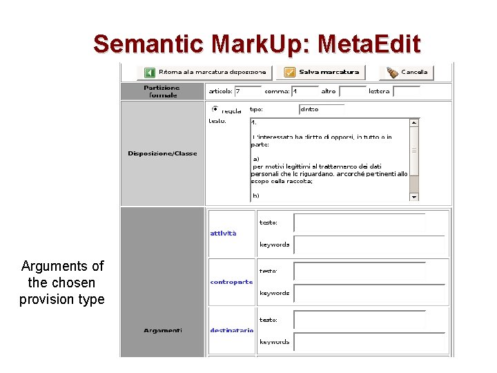 Semantic Mark. Up: Meta. Edit Arguments of the chosen provision type 