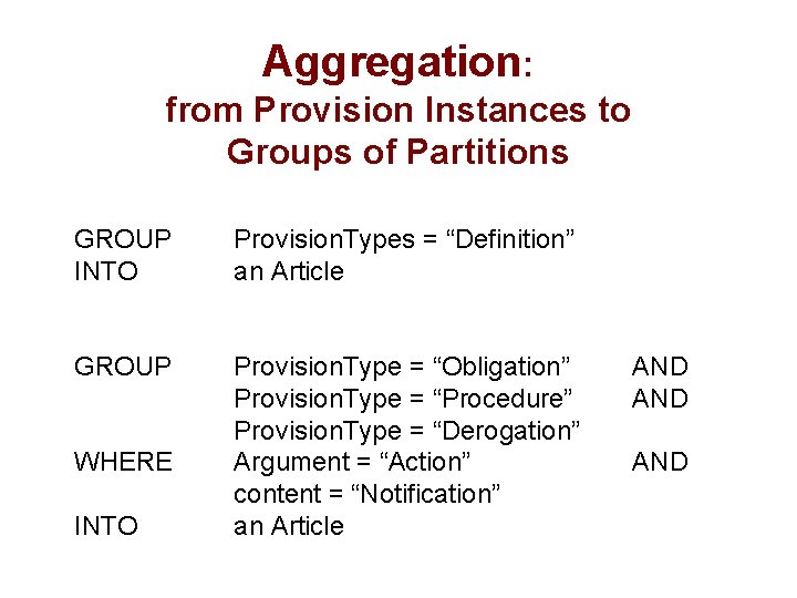 Aggregation: from Provision Instances to Groups of Partitions GROUP INTO Provision. Types = “Definition”