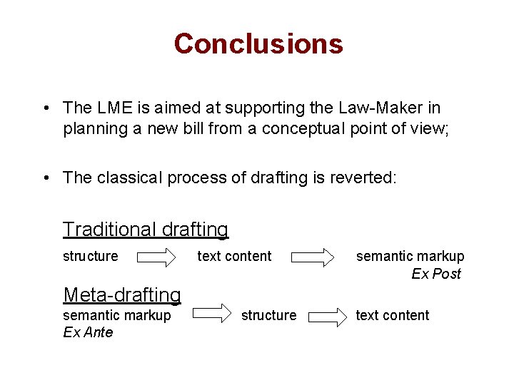 Conclusions • The LME is aimed at supporting the Law-Maker in planning a new