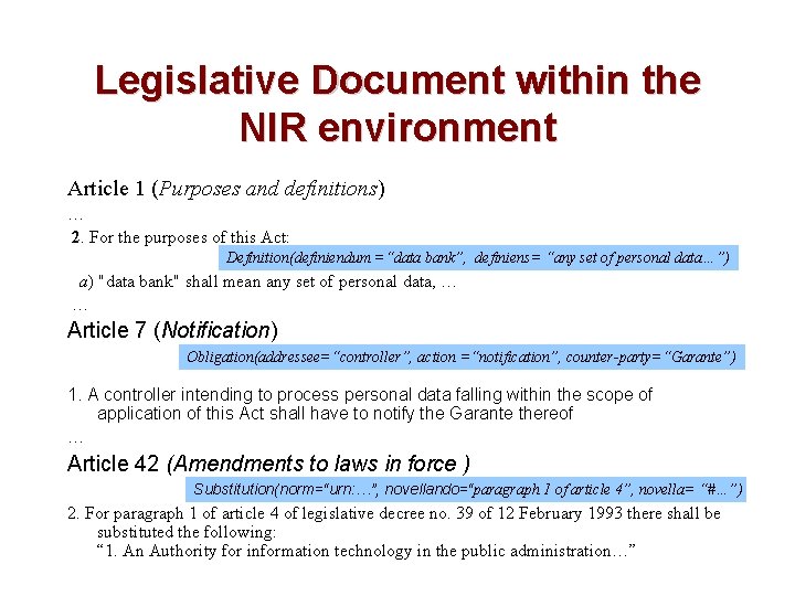 Legislative Document within the NIR environment Article 1 (Purposes and definitions) … 2. For