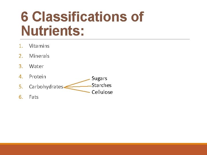 6 Classifications of Nutrients: 1. Vitamins 2. Minerals 3. Water 4. Protein 5. Carbohydrates