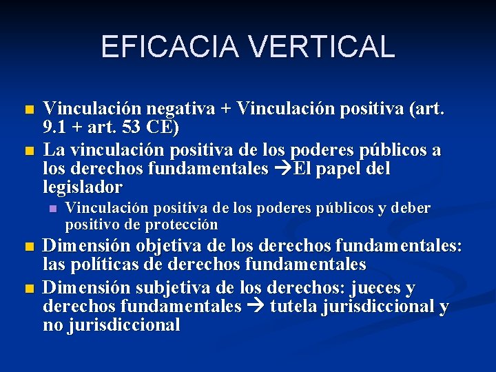 EFICACIA VERTICAL n n Vinculación negativa + Vinculación positiva (art. 9. 1 + art.