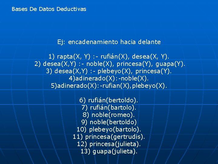 Bases De Datos Deductivas Ej: encadenamiento hacia delante 1) rapta(X, Y) : - rufián(X),