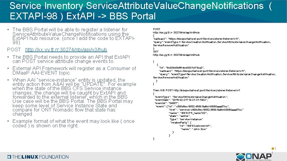 Service Inventory Service. Attribute. Value. Change. Notifications ( EXTAPI-98 ) Ext. API -> BBS