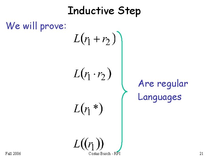 Inductive Step We will prove: Are regular Languages Fall 2006 Costas Busch - RPI