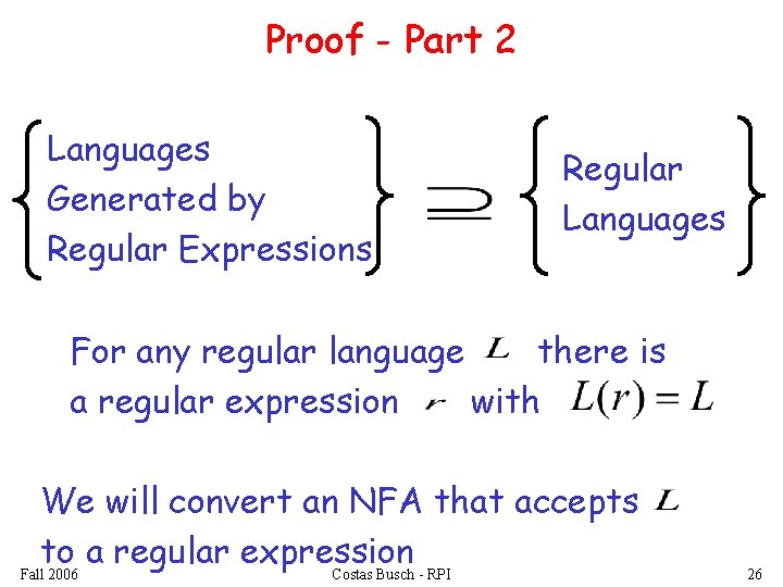 Proof - Part 2 Languages Generated by Regular Expressions Regular Languages For any regular