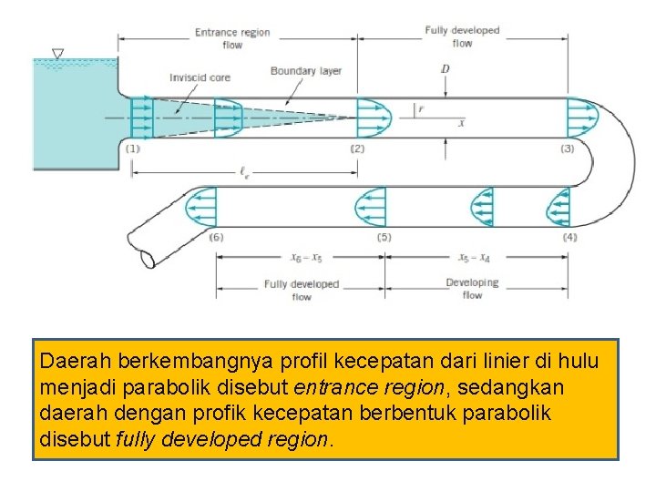 Daerah berkembangnya profil kecepatan dari linier di hulu menjadi parabolik disebut entrance region, sedangkan