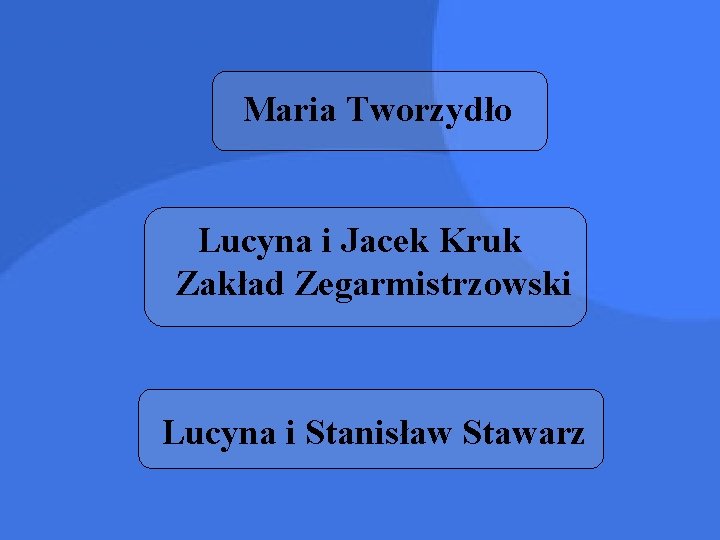 Maria Tworzydło Lucyna i Jacek Kruk Zakład Zegarmistrzowski Lucyna i Stanisław Stawarz 