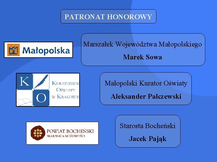 PATRONAT HONOROWY Marszałek Województwa Małopolskiego Marek Sowa Małopolski Kurator Oświaty Aleksander Palczewski Starosta Bocheński