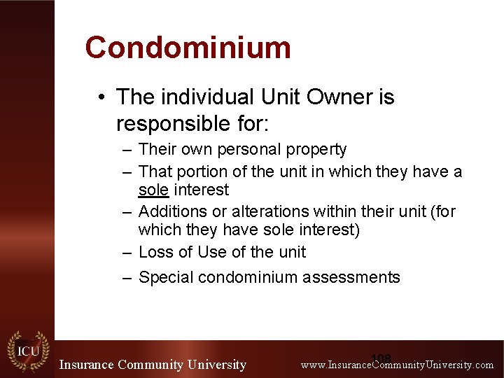 Condominium • The individual Unit Owner is responsible for: – Their own personal property