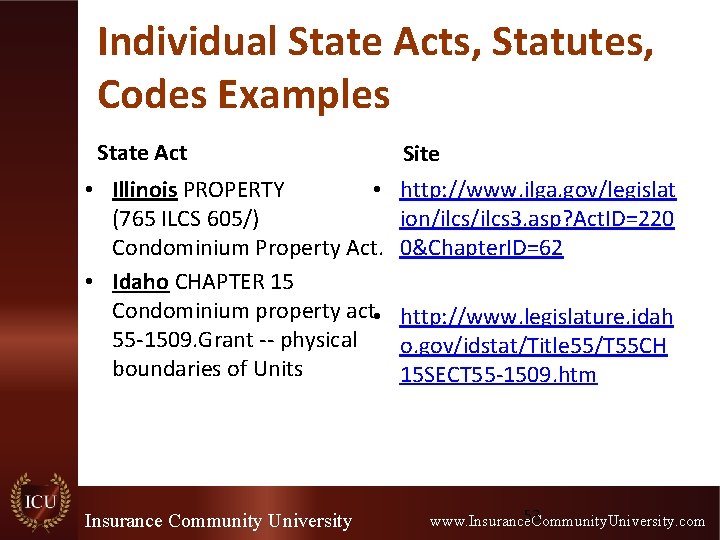 Individual State Acts, Statutes, Codes Examples State Act • Illinois PROPERTY • (765 ILCS