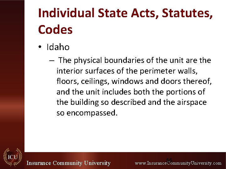 Individual State Acts, Statutes, Codes • Idaho – The physical boundaries of the unit