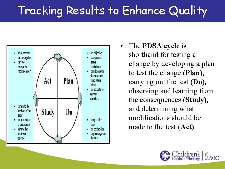 Tracking Results to Enhance Quality • The PDSA cycle is shorthand for testing a