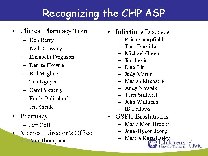 Recognizing the CHP ASP • Clinical Pharmacy Team – – – – – Don