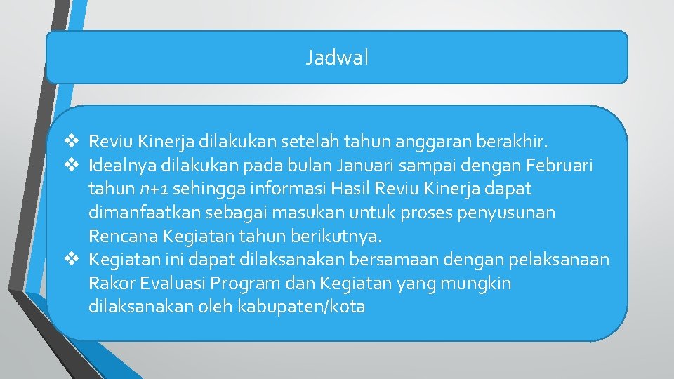 Jadwal v Reviu Kinerja dilakukan setelah tahun anggaran berakhir. v Idealnya dilakukan pada bulan Jadwal v Reviu Kinerja dilakukan setelah tahun anggaran berakhir. v Idealnya dilakukan pada bulan