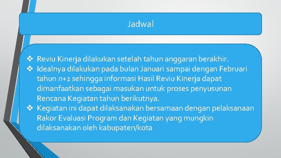 Jadwal v Reviu Kinerja dilakukan setelah tahun anggaran berakhir. v Idealnya dilakukan pada bulan