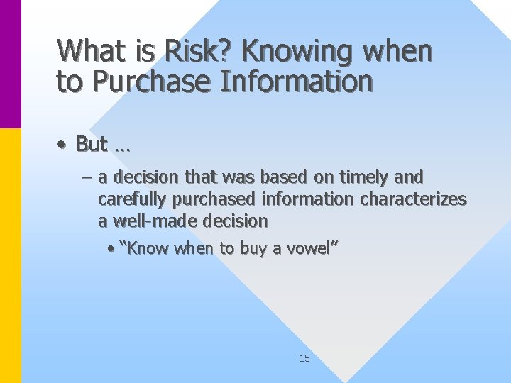 What is Risk? Knowing when to Purchase Information • But … – a decision