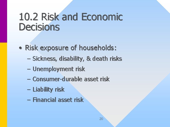 10. 2 Risk and Economic Decisions • Risk exposure of households: – Sickness, disability,