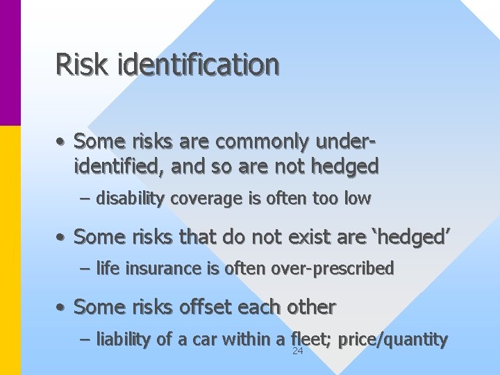 Risk identification • Some risks are commonly underidentified, and so are not hedged –