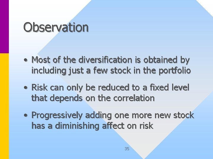 Observation • Most of the diversification is obtained by including just a few stock