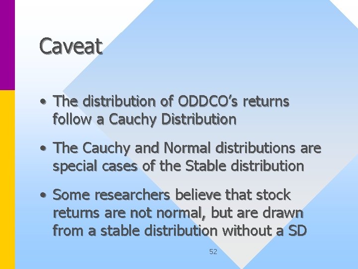 Caveat • The distribution of ODDCO’s returns follow a Cauchy Distribution • The Cauchy