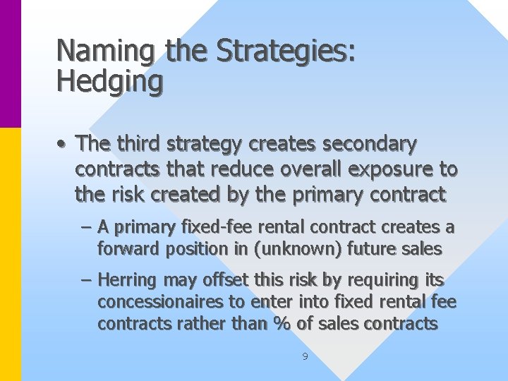 Naming the Strategies: Hedging • The third strategy creates secondary contracts that reduce overall