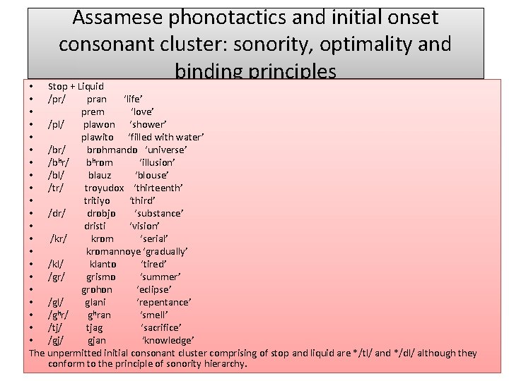 Assamese phonotactics and initial onset consonant cluster: sonority, optimality and binding principles • Stop