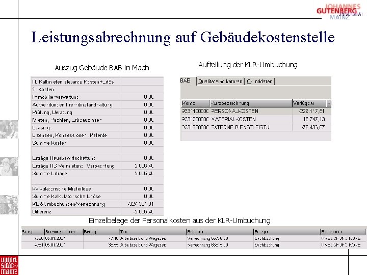 Leistungsabrechnung auf Gebäudekostenstelle Auszug Gebäude BAB in Mach Aufteilung der KLR-Umbuchung Einzelbelege der Personalkosten