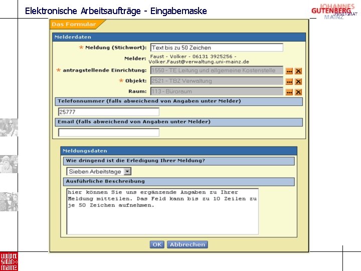 Elektronische Arbeitsaufträge - Eingabemaske 