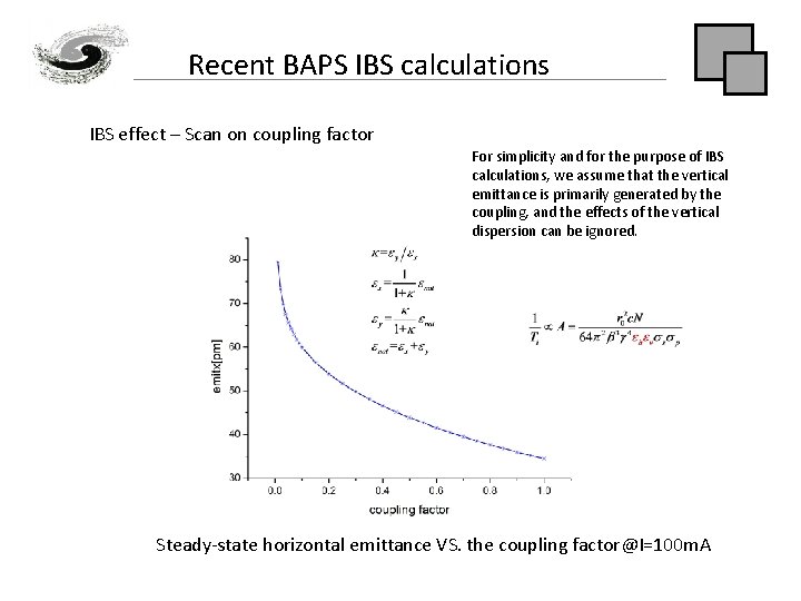 Recent BAPS IBS calculations IBS effect – Scan on coupling factor For simplicity and